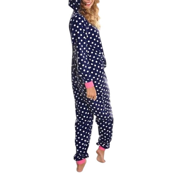 Women’s Navy Polka Dot Hooded One-PC Cozy Fleece Pajamas – Lounge-Ready S/M - Picture 4 of 8